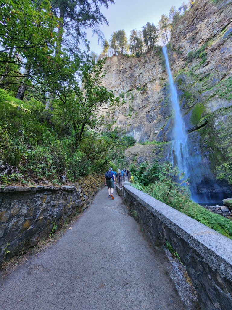 Paved path mid waterfall, Multnomah Falls