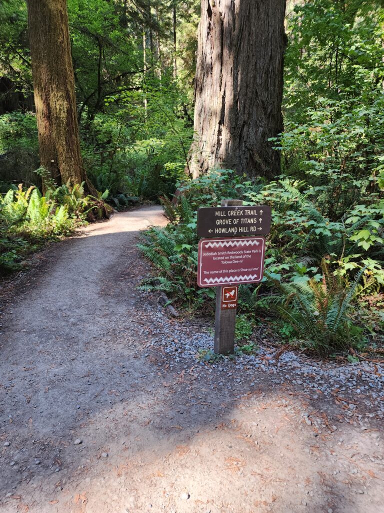 Trail sign at Jedediah Smith Redwoods State Park