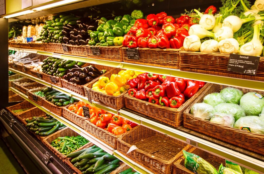 Produce shelves at grocery store