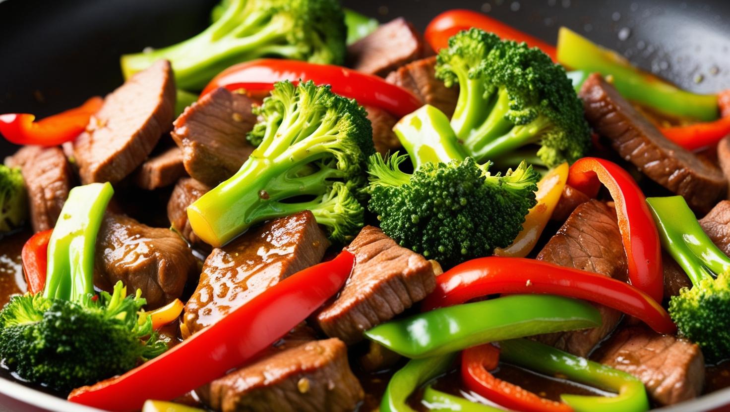 Tender beef stir-fry with broccoli and bell peppers in a savory garlic-ginger sauce, served hot for a quick low-carb meal.