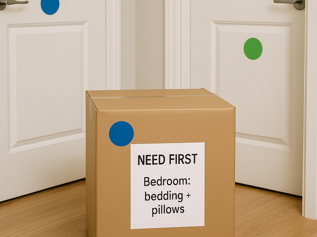 Cardboard moving box labeled Need First: Bedroom - bedding + pillows' with a blue dot sticker, placed in a hallway next to two white doors marked with color-coded stickers.