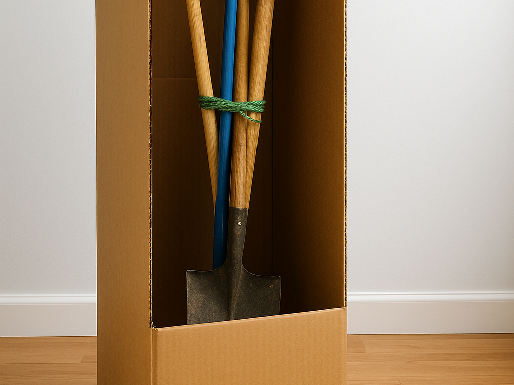 Wardrobe box packed with bundled tall tools like rake, mop, and shovel — a clever moving day tip to stay organized.