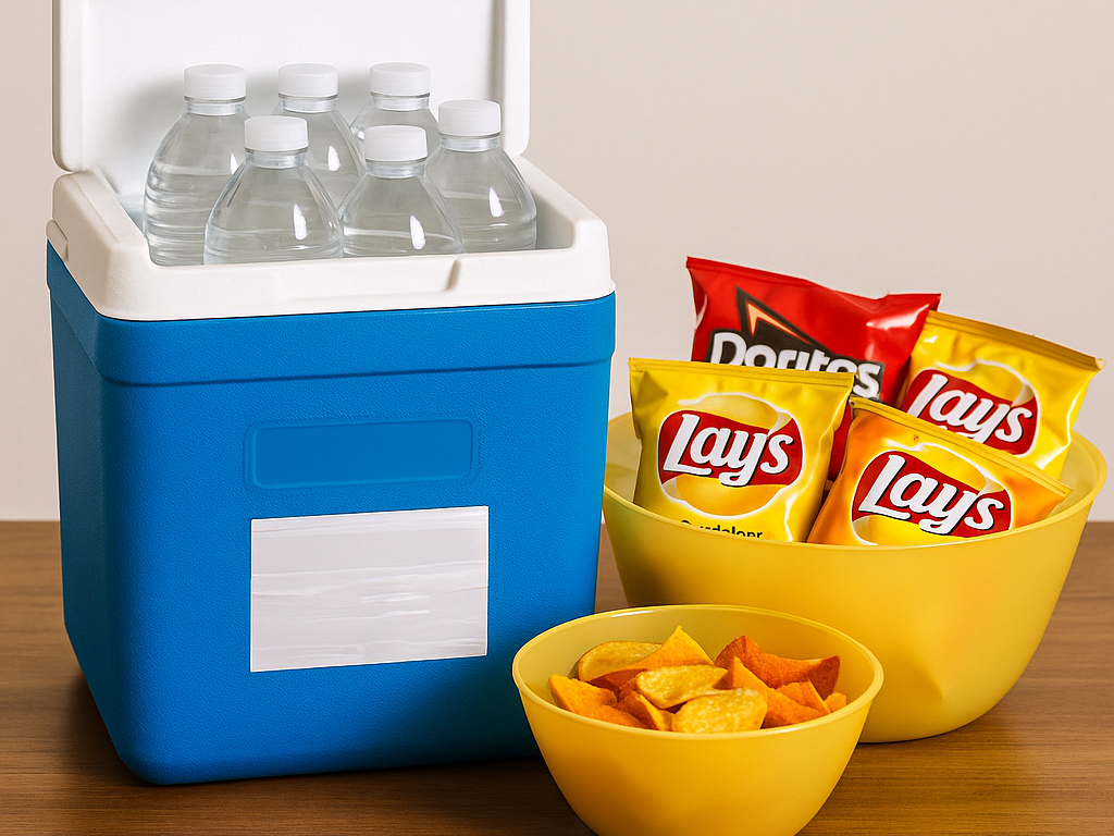 Blue and white cooler filled with bottled water on a wood table next to a beige bowl of snack-sized Lay’s and Doritos chip bags.