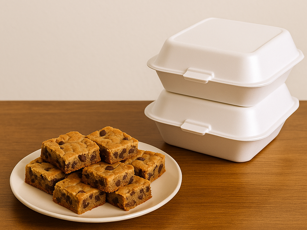 Plate of homemade cookie bars next to styrofoam takeout containers — thoughtful food ideas for moving day support.