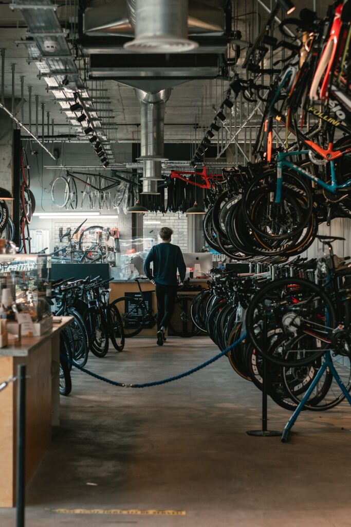 Various types of beginner-friendly bikes lined up outdoors, including cruiser and hybrid models