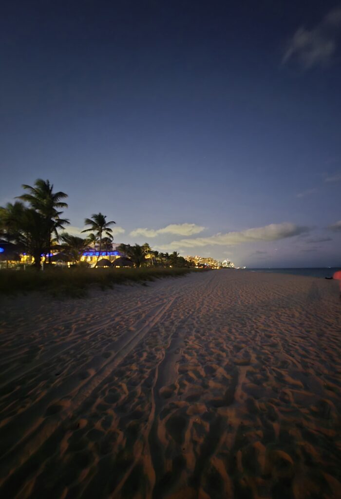 Quiet beach at night with waves under moonlight—capturing the calm, reflective moments of travel.