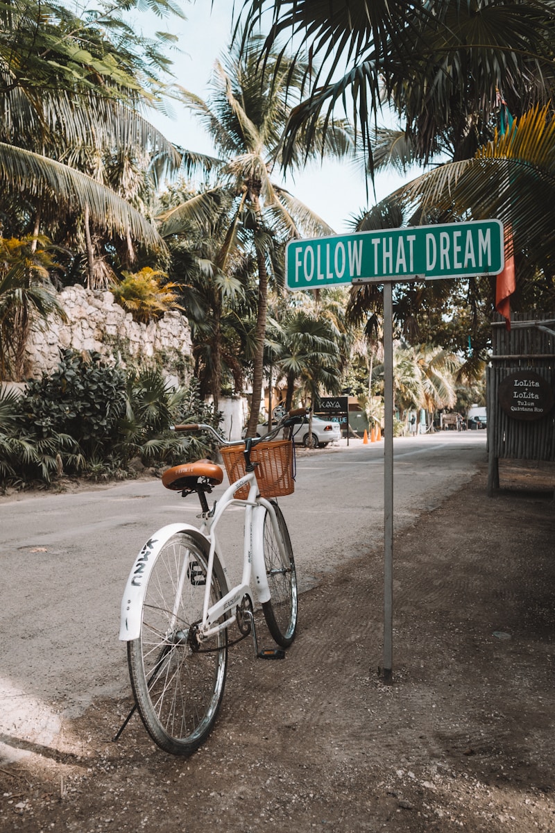 Bicycle parked next to a sign that reads 'Follow That Dream'—symbolizing adventure, freedom, and the spirit of exploration.
