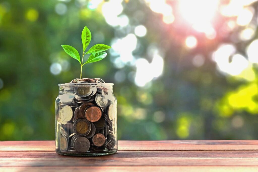 Glass jar filled with coins and a small green plant growing from the top, representing savings, budgeting, and financial growth.