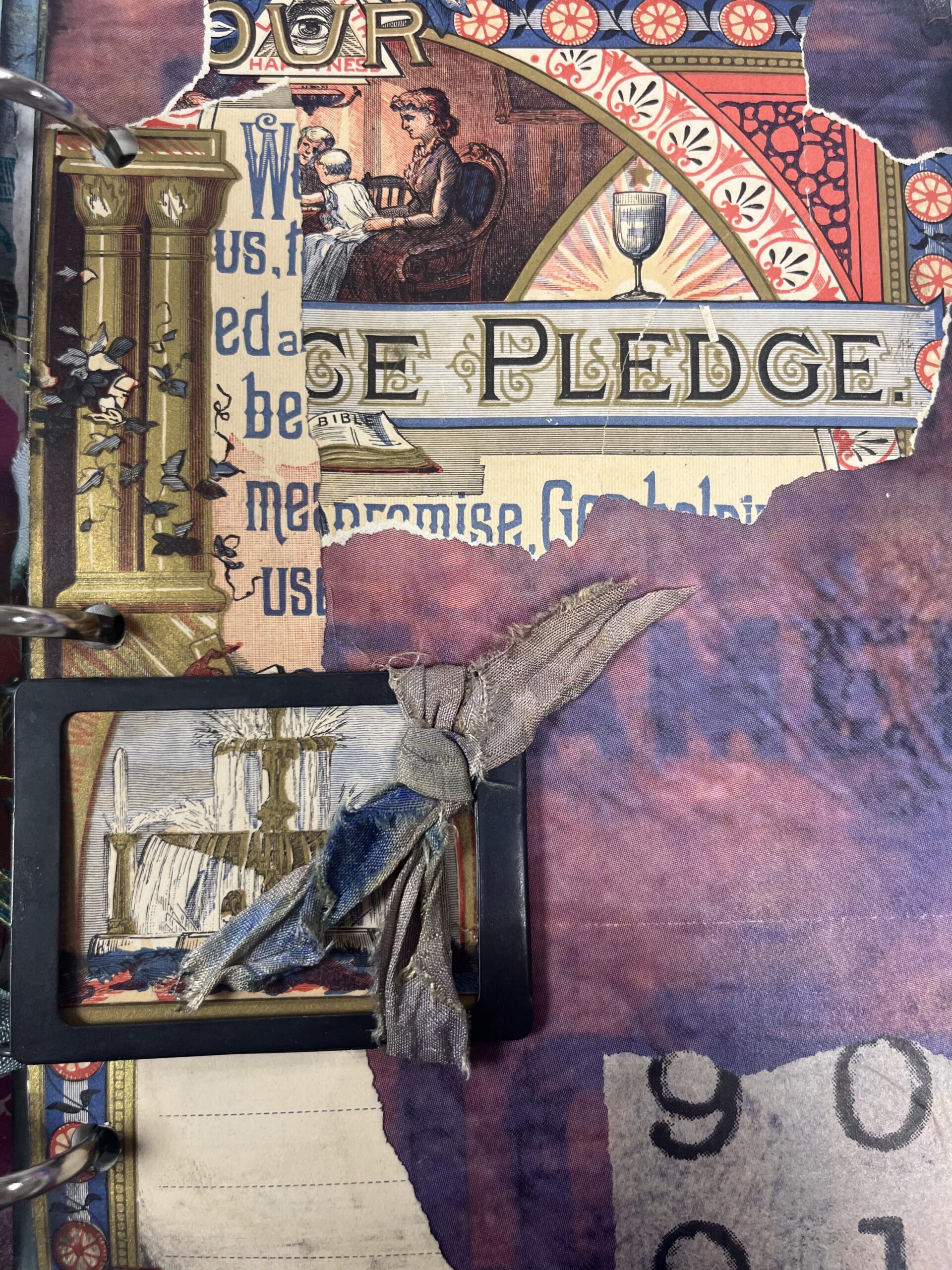 Mixed media collage with vintage imagery, text reading ‘PLEDGE,’ layered papers, and a small bird element.
