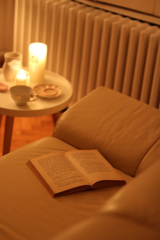 Evening system for winding down with tea, candlelight, and a good book.