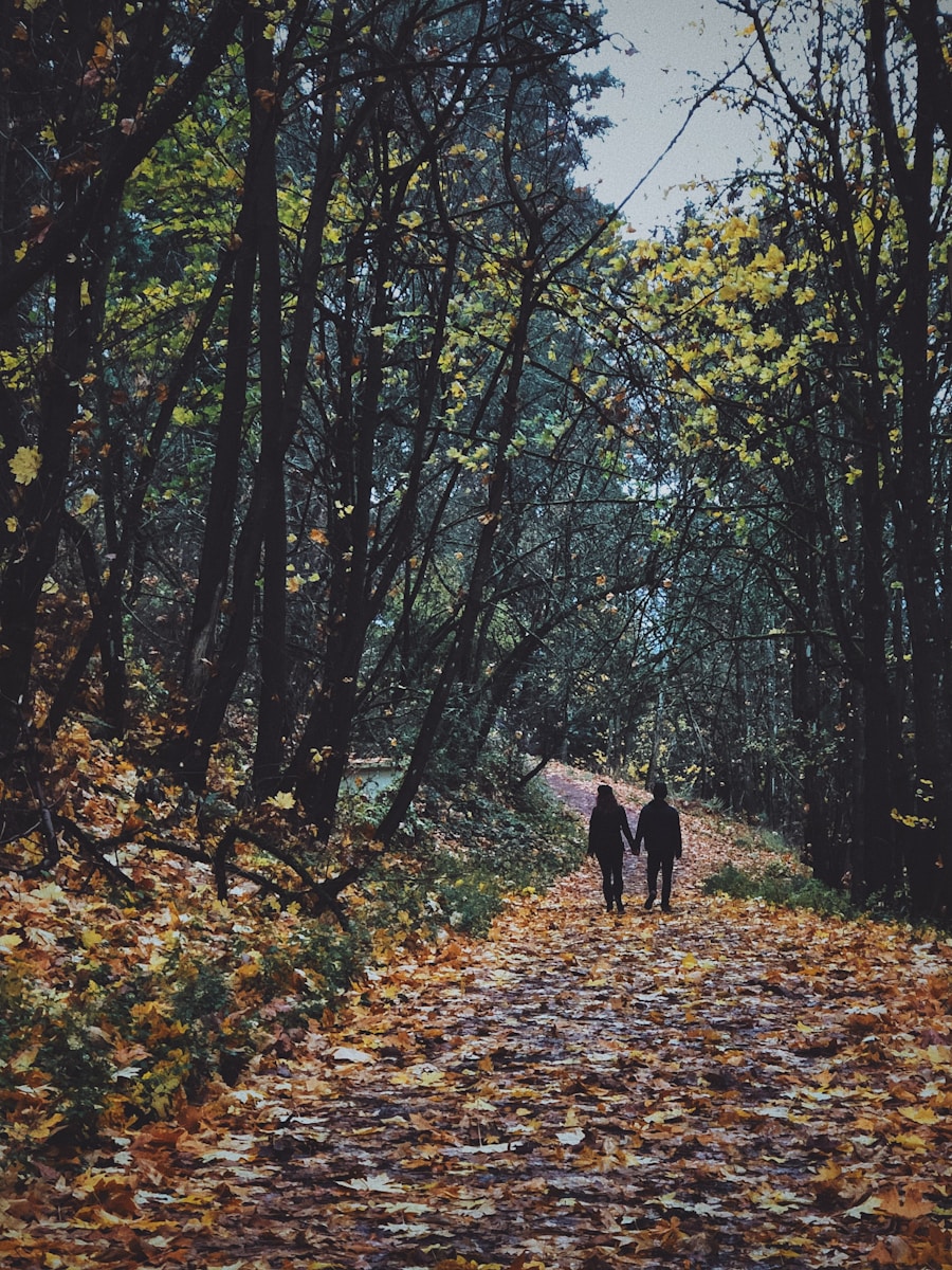Couple walking on a tree-lined trail covered in autumn leaves, symbolizing health, longevity, and everyday adventure.