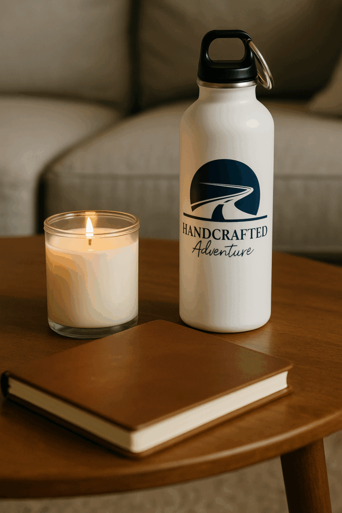 Candle and journal on cozy table, symbolizing peaceful reflection.