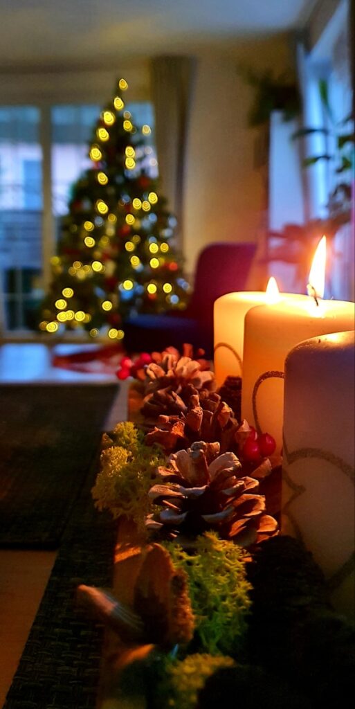 Calm evening scene with warm lighting and a cozy blanket, promoting restful holiday routines.