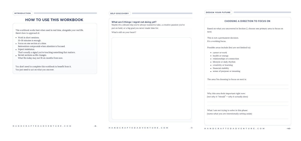 Three sample pages from the Life Reinvention Planner and Workbook
