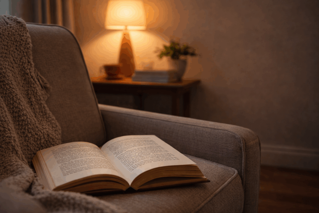 An open book resting on a chair in soft lamplight, suggesting a quiet and intentional evening pause.
