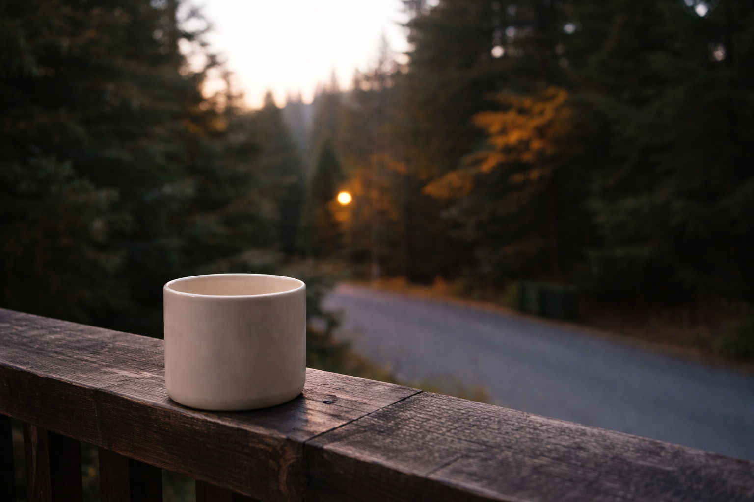 A quiet evening scene with a warm mug resting on a railing, soft light filtering through trees at dusk.
