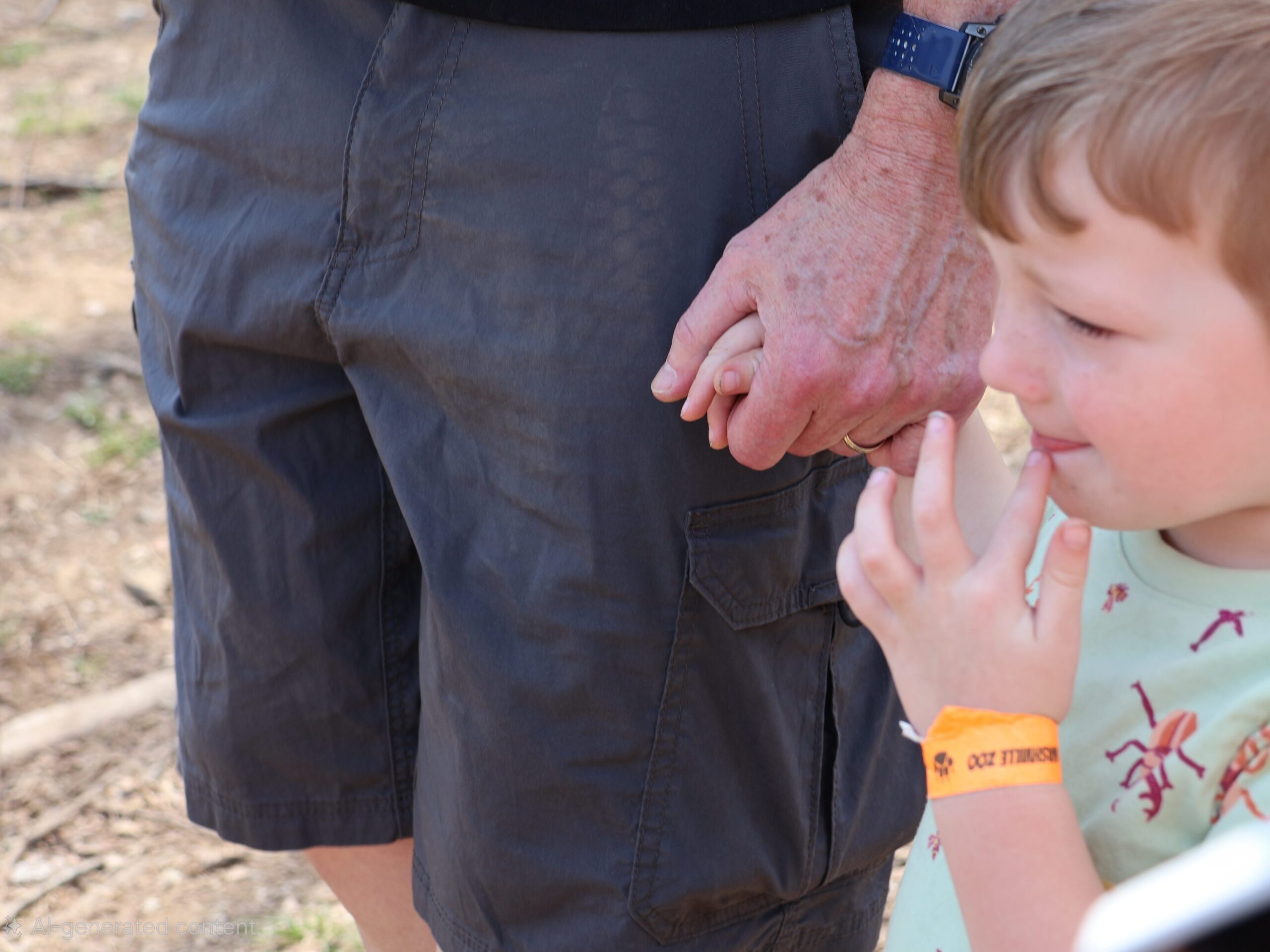 Grandfather holding grandson’s hand while walking together during a family trip