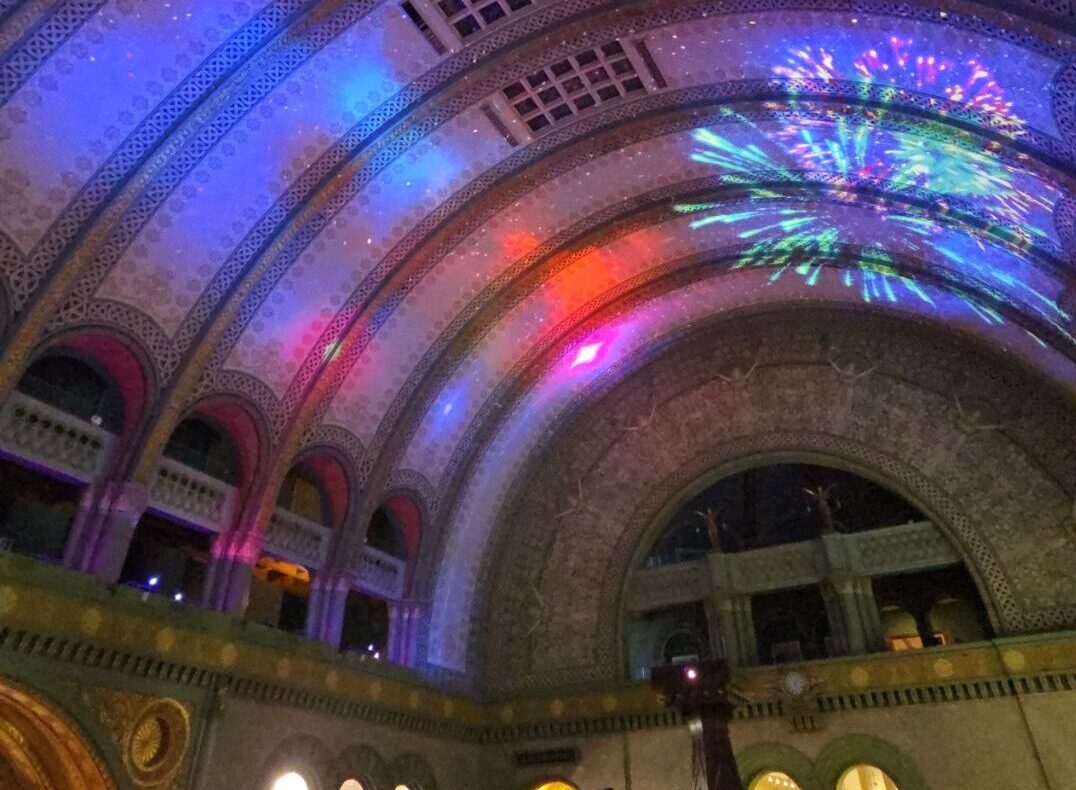 The grand hall at St. Louis Union Station lit up during our anniversary staycation — fifteen minutes from home, completely worth it.