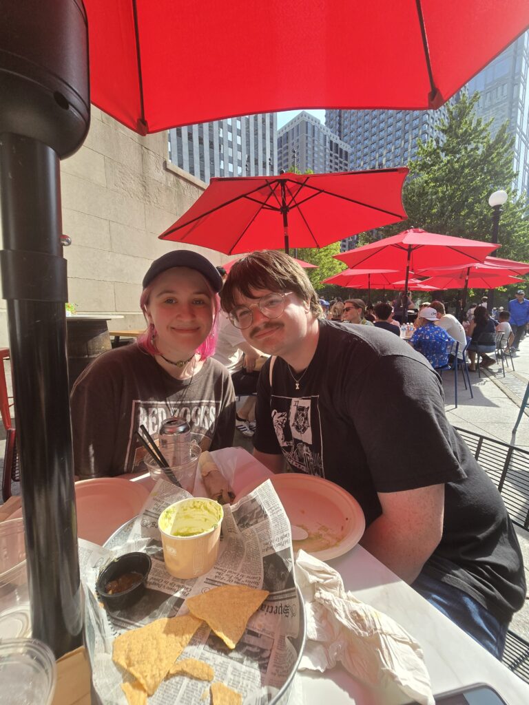 Andi and Elsie enjoying lunch at a riverside pub on Chicago's Riverwalk.