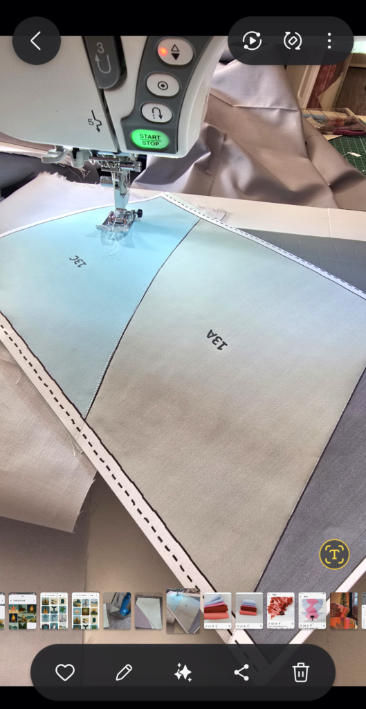 Printed quilt pattern pieces labeled 13A and 13C being sewn together under a sewing machine presser foot.